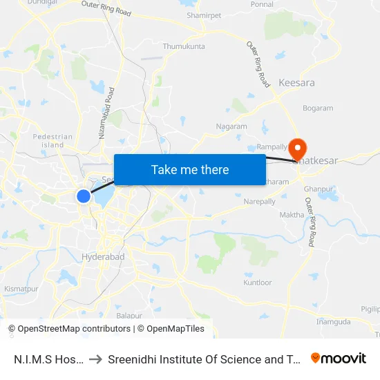 N.I.M.S Hospital to Sreenidhi Institute Of Science and Technology map