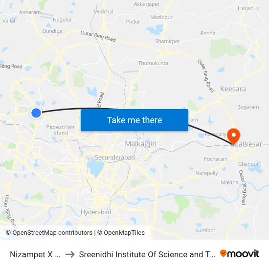 Nizampet X Road to Sreenidhi Institute Of Science and Technology map