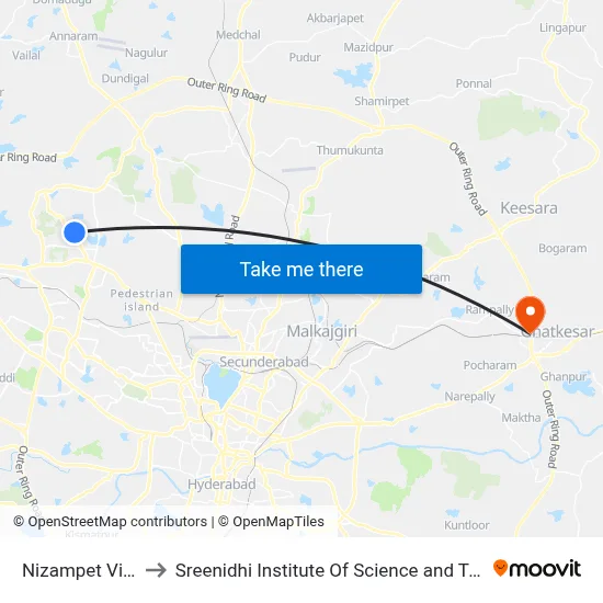 Nizampet Village to Sreenidhi Institute Of Science and Technology map