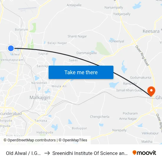 Old Alwal / I.G Statue to Sreenidhi Institute Of Science and Technology map
