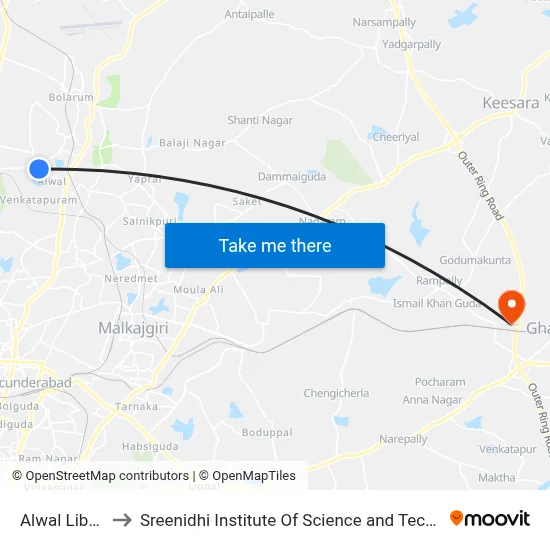 Alwal Library to Sreenidhi Institute Of Science and Technology map