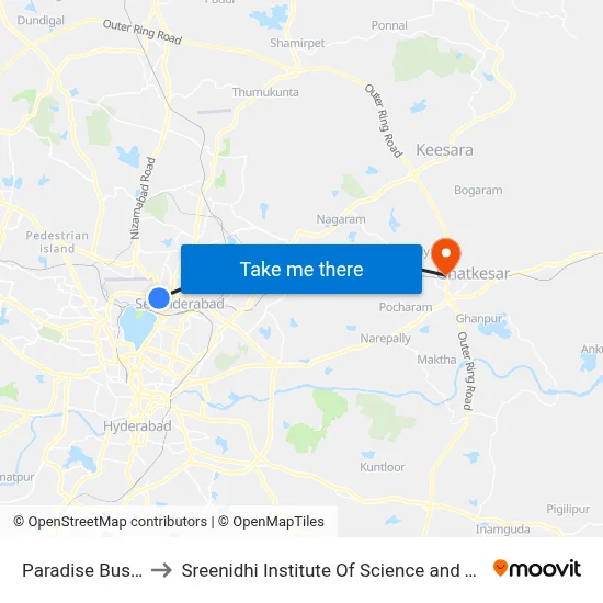 Paradise Bus Stop to Sreenidhi Institute Of Science and Technology map