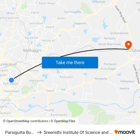 Parsigutta Bus Stop to Sreenidhi Institute Of Science and Technology map