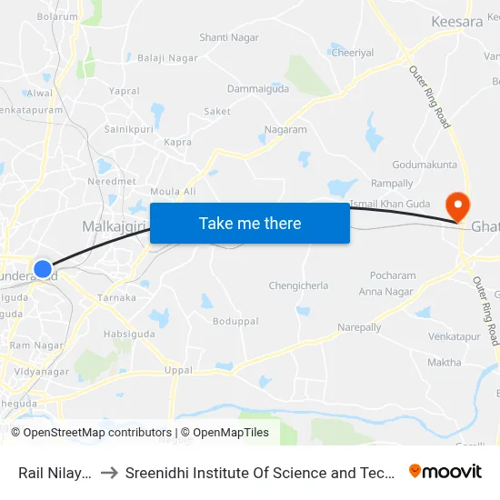 Rail Nilayam to Sreenidhi Institute Of Science and Technology map