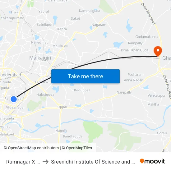 Ramnagar X Road to Sreenidhi Institute Of Science and Technology map