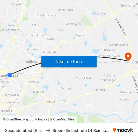 Secunderabad (Blue Sea Cafe) to Sreenidhi Institute Of Science and Technology map