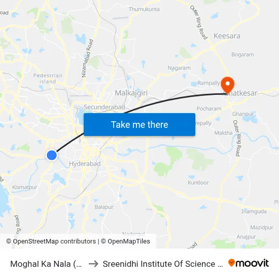 Moghal Ka Nala (Ring Road) to Sreenidhi Institute Of Science and Technology map