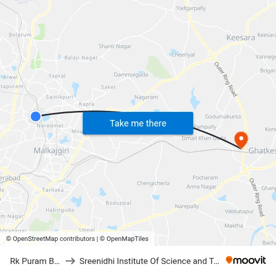Rk Puram Bridge to Sreenidhi Institute Of Science and Technology map