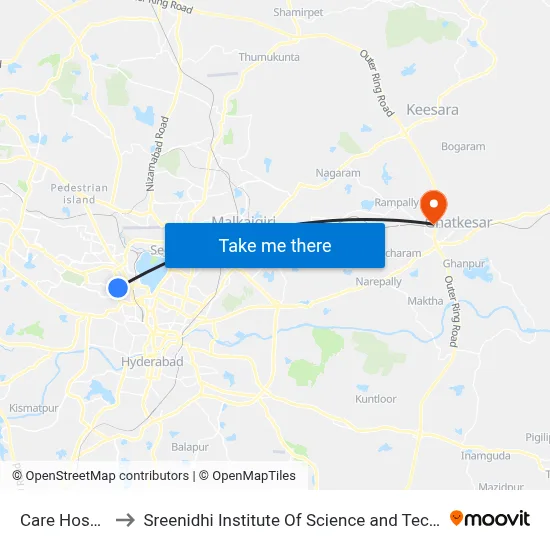 Care Hospital to Sreenidhi Institute Of Science and Technology map