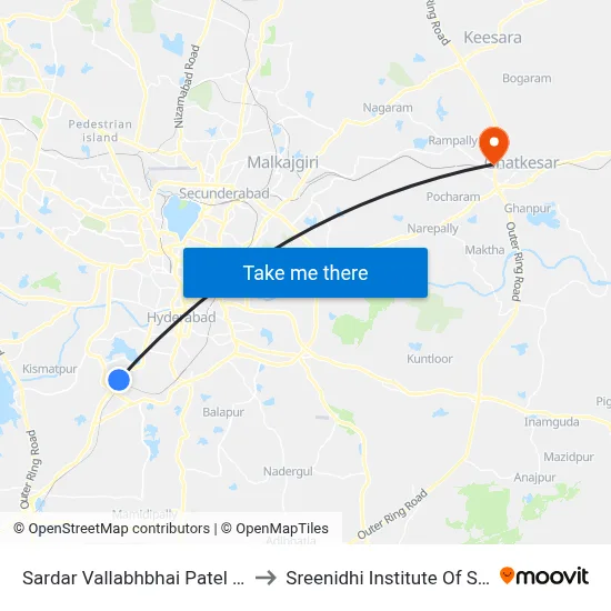 Sardar Vallabhbhai Patel National Police Academy to Sreenidhi Institute Of Science and Technology map