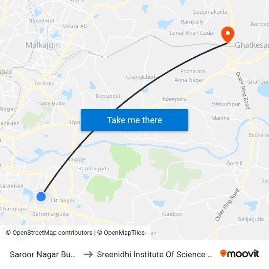 Saroor Nagar Bus Terminal to Sreenidhi Institute Of Science and Technology map