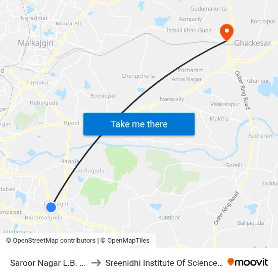 Saroor Nagar L.B. Nagar Road to Sreenidhi Institute Of Science and Technology map