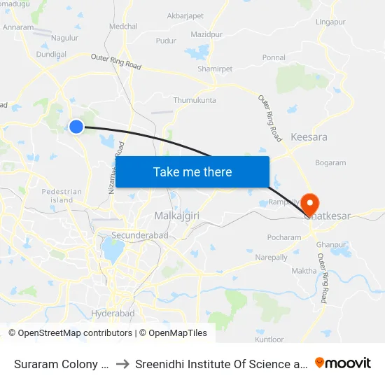 Suraram Colony Bus Stop to Sreenidhi Institute Of Science and Technology map