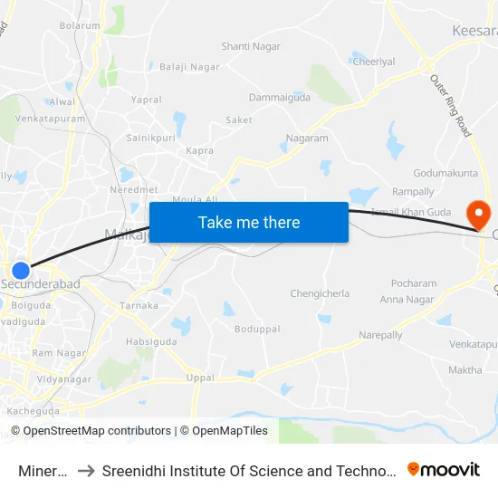 Minerva to Sreenidhi Institute Of Science and Technology map