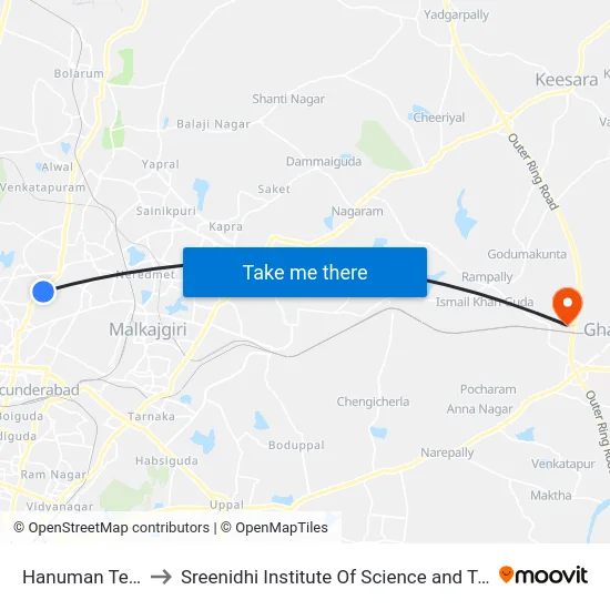 Hanuman Temple to Sreenidhi Institute Of Science and Technology map