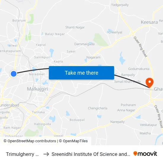 Trimulgherry X Road to Sreenidhi Institute Of Science and Technology map