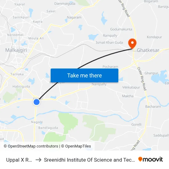 Uppal X Road to Sreenidhi Institute Of Science and Technology map