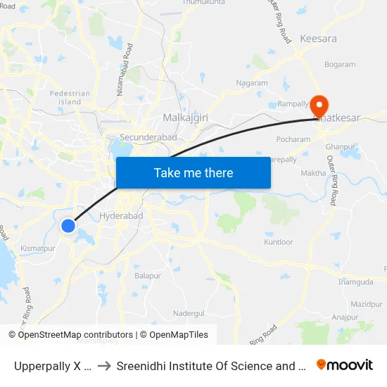 Upperpally X Road to Sreenidhi Institute Of Science and Technology map