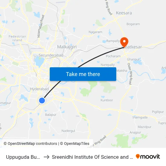 Uppuguda Bus Stop to Sreenidhi Institute Of Science and Technology map