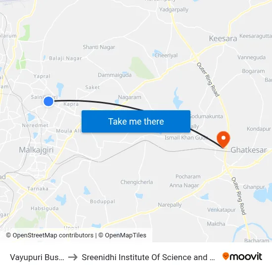Vayupuri Bus Stop to Sreenidhi Institute Of Science and Technology map