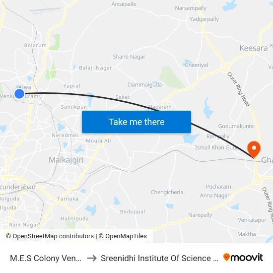 M.E.S Colony Venkatapuram to Sreenidhi Institute Of Science and Technology map