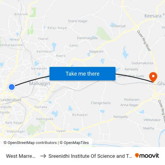 West Marredpally to Sreenidhi Institute Of Science and Technology map