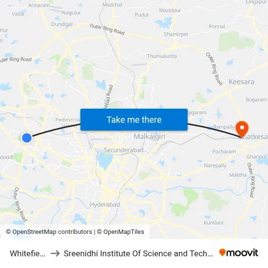 Whitefields to Sreenidhi Institute Of Science and Technology map