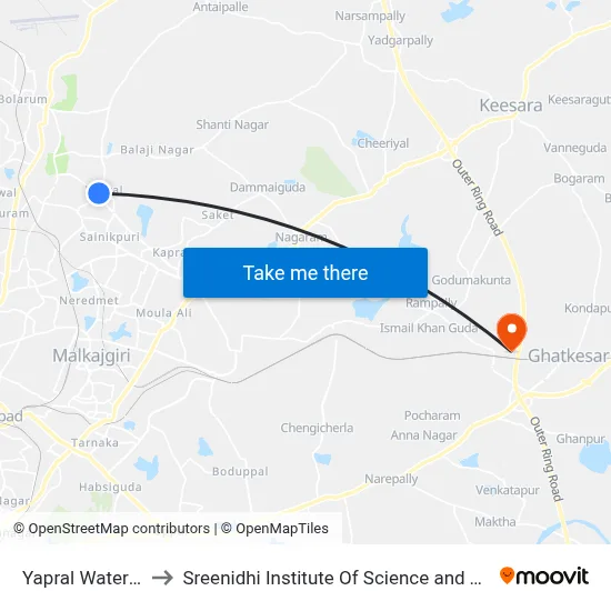 Yapral Water Tank to Sreenidhi Institute Of Science and Technology map
