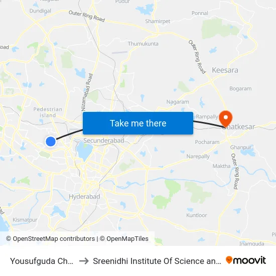 Yousufguda Checkpost to Sreenidhi Institute Of Science and Technology map