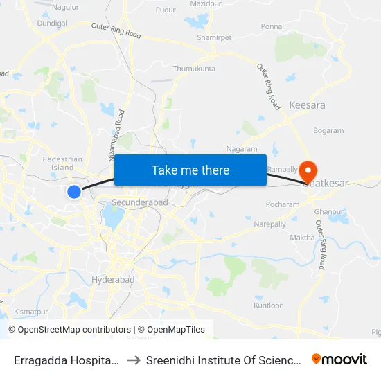 Erragadda Hospital A.G.Colony to Sreenidhi Institute Of Science and Technology map