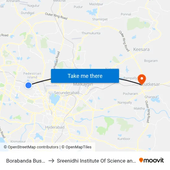 Borabanda Bus Station to Sreenidhi Institute Of Science and Technology map