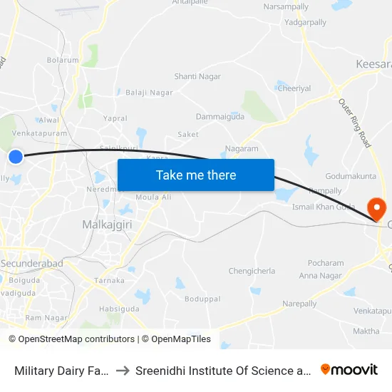 Military Dairy Farm Road to Sreenidhi Institute Of Science and Technology map