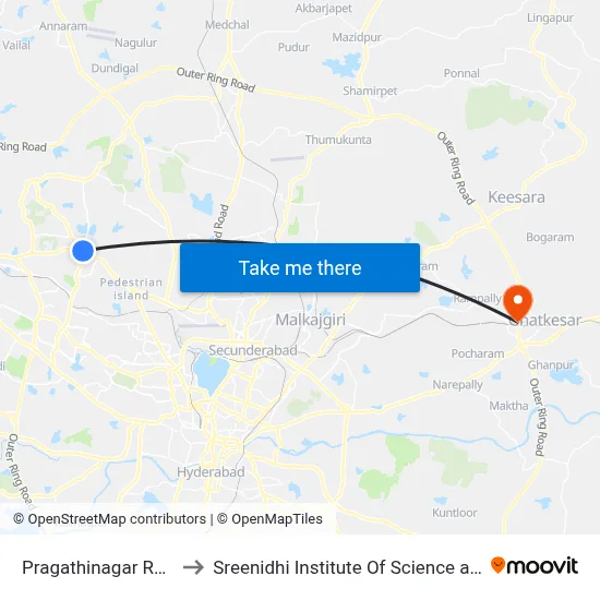 Pragathinagar Road JNTU to Sreenidhi Institute Of Science and Technology map