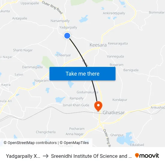 Yadgarpally X Road to Sreenidhi Institute Of Science and Technology map