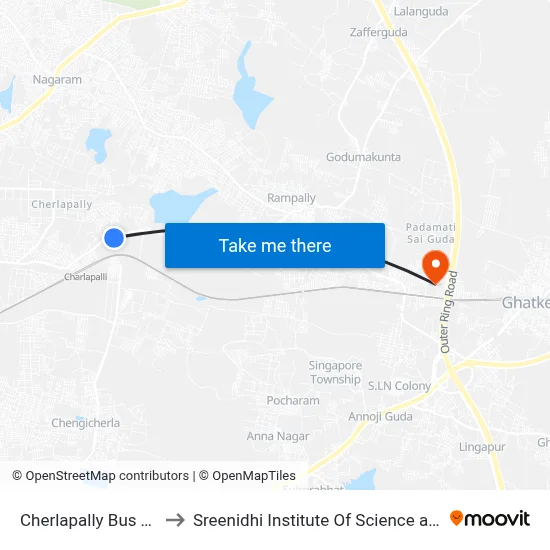 Cherlapally Bus Terminus to Sreenidhi Institute Of Science and Technology map