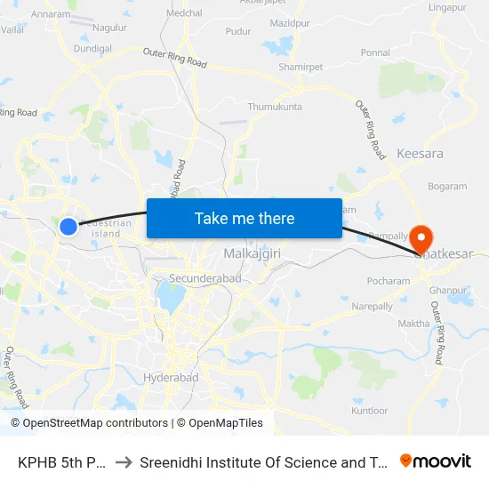 KPHB 5th Phase to Sreenidhi Institute Of Science and Technology map