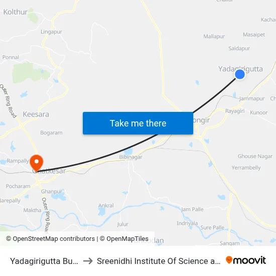 Yadagirigutta Bus Station to Sreenidhi Institute Of Science and Technology map