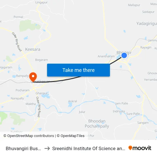 Bhuvangiri Bus Station to Sreenidhi Institute Of Science and Technology map