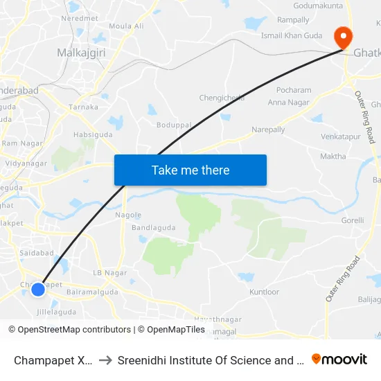 Champapet X Road to Sreenidhi Institute Of Science and Technology map