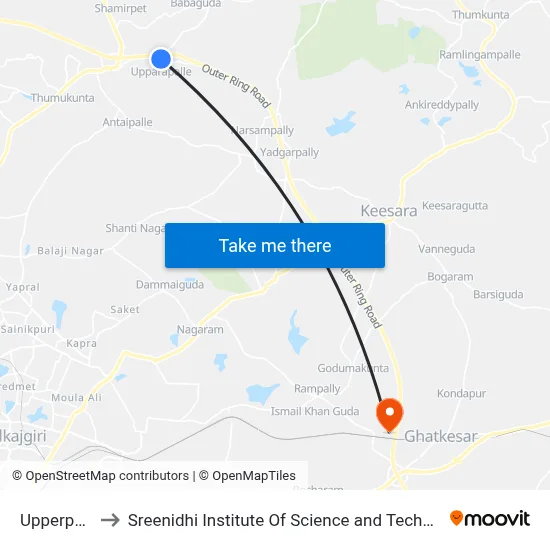 Upperpally to Sreenidhi Institute Of Science and Technology map