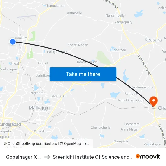 Gopalnagar X Roads to Sreenidhi Institute Of Science and Technology map