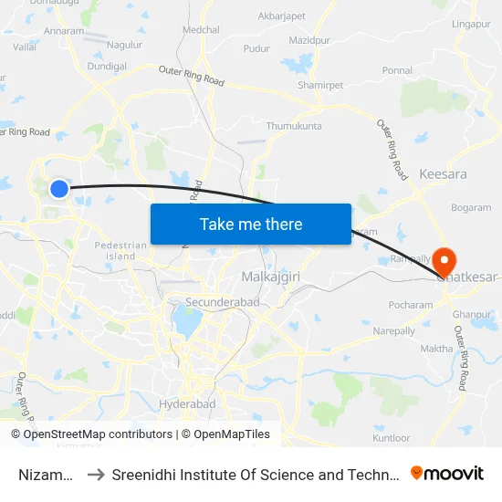 Nizampet to Sreenidhi Institute Of Science and Technology map