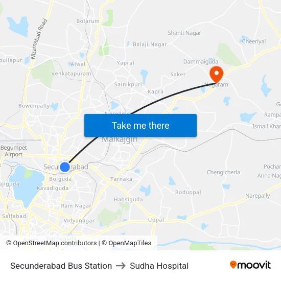 Secunderabad Bus Station to Sudha Hospital map