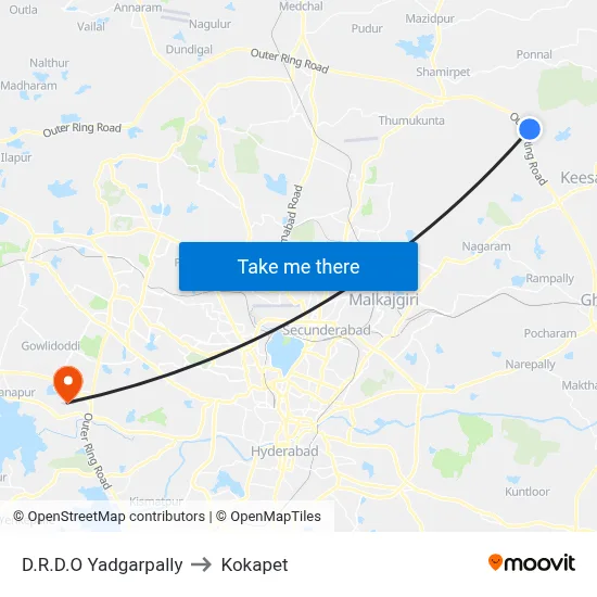 D.R.D.O Yadgarpally to Kokapet map