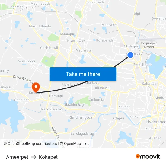 Ameerpet to Kokapet map