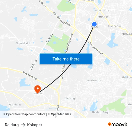 Raidurg to Kokapet map