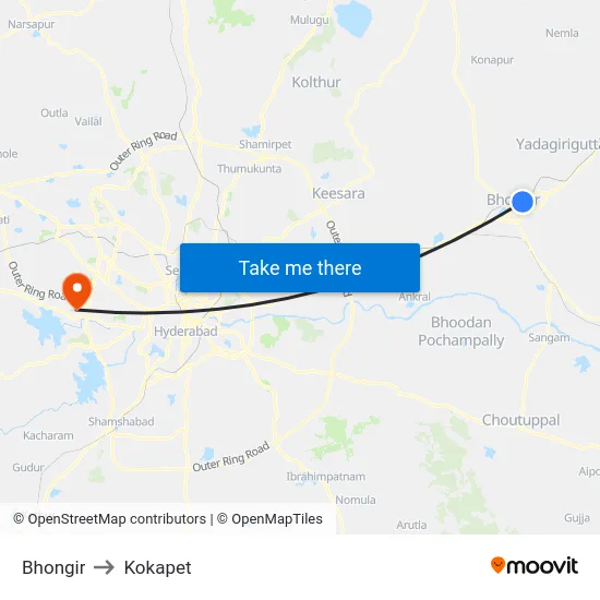 Bhongir to Kokapet map