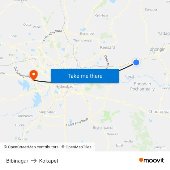 Bibinagar to Kokapet map