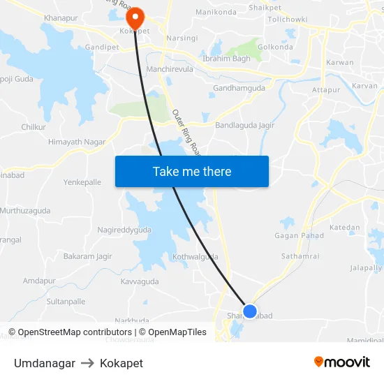 Umdanagar to Kokapet map