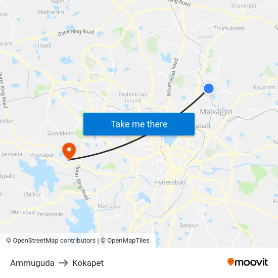 Ammuguda to Kokapet map